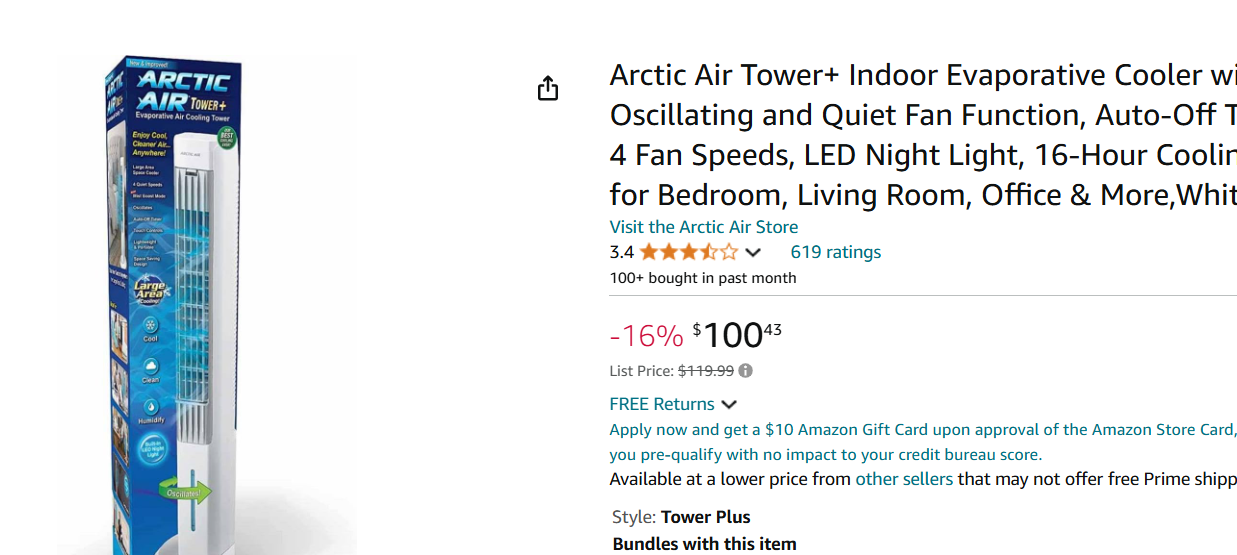 Arctic Air Tower+ Indoor Evaporative Cooler with Oscillating and Quiet Fan Function