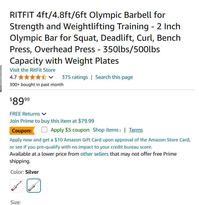 RITFIT 4ft/4.8ft/6ft Olympic Barbell for Strength and Weightlifting Training