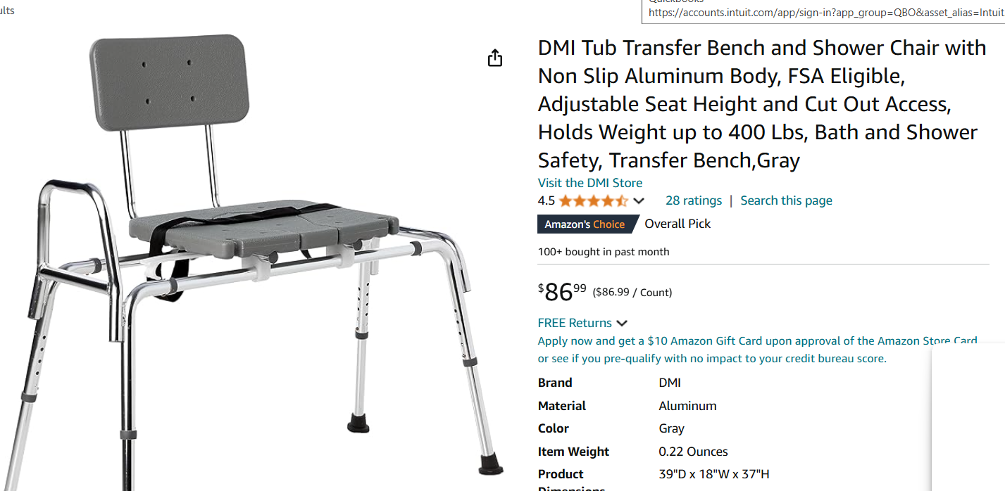 DMI Tub Transfer Bench and Shower Chair with Non Slip Aluminum Body